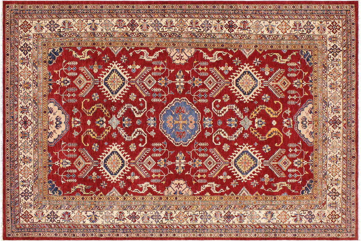 9x12 hand knotted Super Kazak wool rug in red and beige - Southwestern Super Kazak Alina