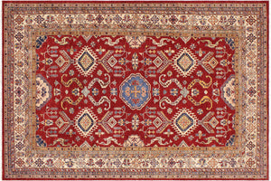 9x12 hand knotted Super Kazak wool rug in red and beige - Southwestern Super Kazak Alina