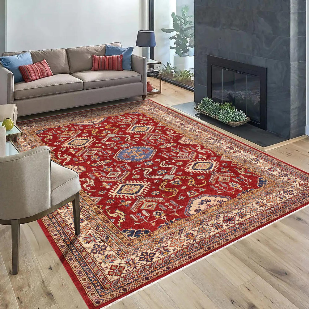 handmade Geometric Super Kazak Red Beige Hand Knotted RECTANGLE 100% WOOL area rug 9' x 12'