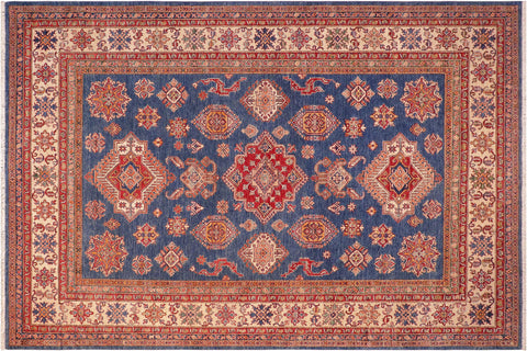 handmade Geometric Super Kazak Blue Beige Hand Knotted RECTANGLE 100% WOOL area rug 8' x 10'