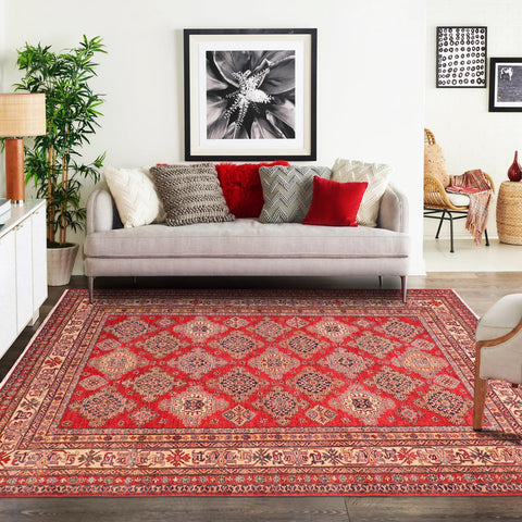 handmade Geometric Super Kazak Red Beige Hand Knotted RECTANGLE 100% WOOL area rug 8' x 10'