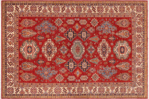 9x13 hand knotted Super Kazak wool rug in red and ivory - Bohemian Super Kazak Danita
