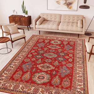 handmade Geometric Super Kazak Red Ivory Hand Knotted RECTANGLE 100% WOOL area rug 9' x 13'