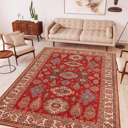 handmade Geometric Super Kazak Red Ivory Hand Knotted RECTANGLE 100% WOOL area rug 9' x 13'