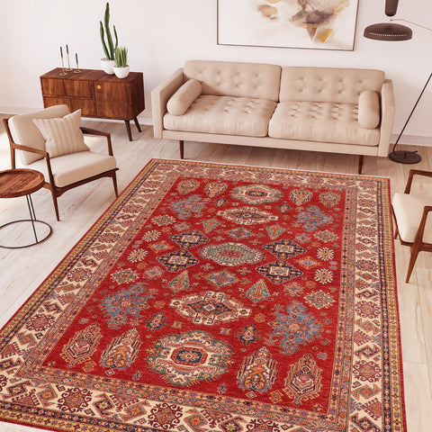 handmade Geometric Super Kazak Red Ivory Hand Knotted RECTANGLE 100% WOOL area rug 9' x 13'