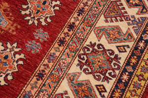 handmade Geometric Super Kazak Red Ivory Hand Knotted RECTANGLE 100% WOOL area rug 9' x 13'