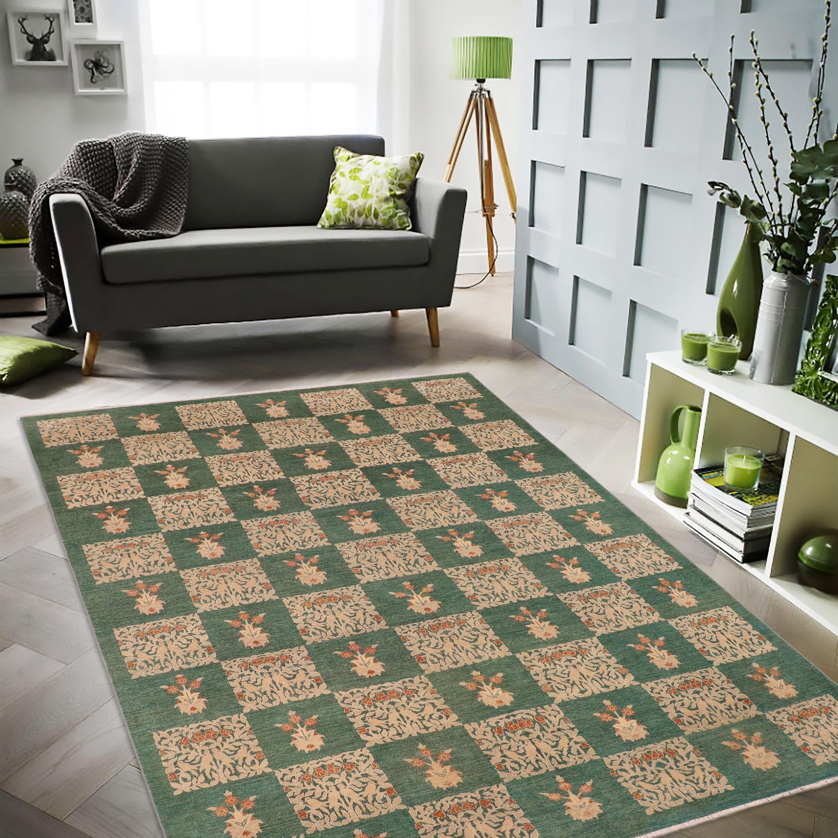 handmade Modern Kafkaz Green Tan Hand Knotted RECTANGLE 100% WOOL area rug 10' x 14'