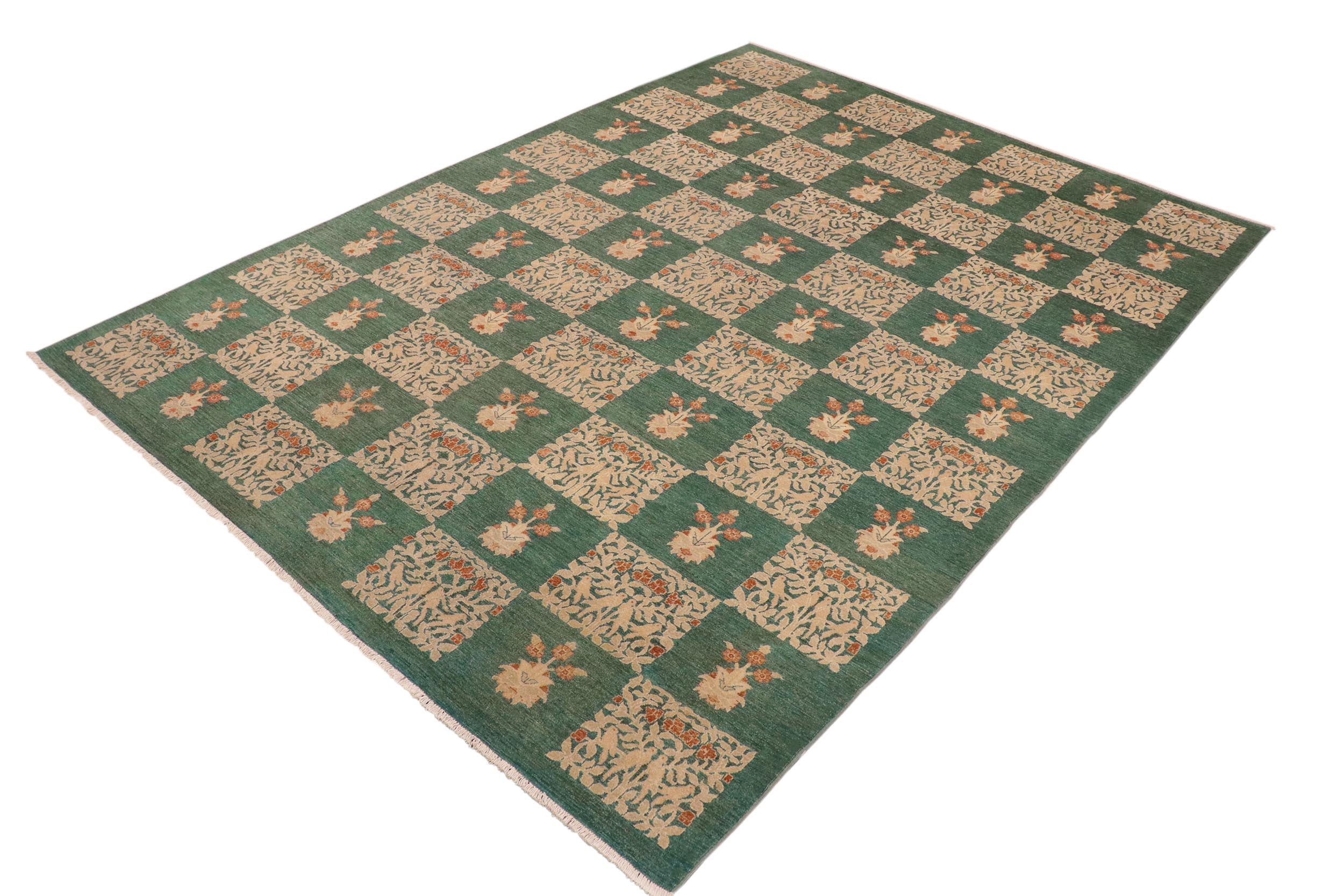 handmade Modern Kafkaz Green Tan Hand Knotted RECTANGLE 100% WOOL area rug 10' x 14'