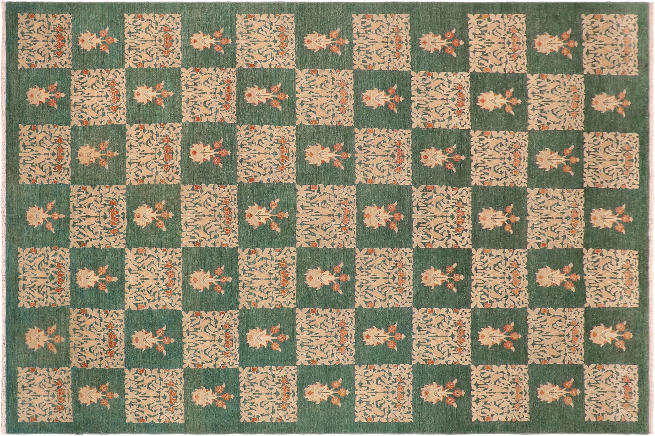 handmade Modern Kafkaz Green Tan Hand Knotted RECTANGLE 100% WOOL area rug 10' x 14'