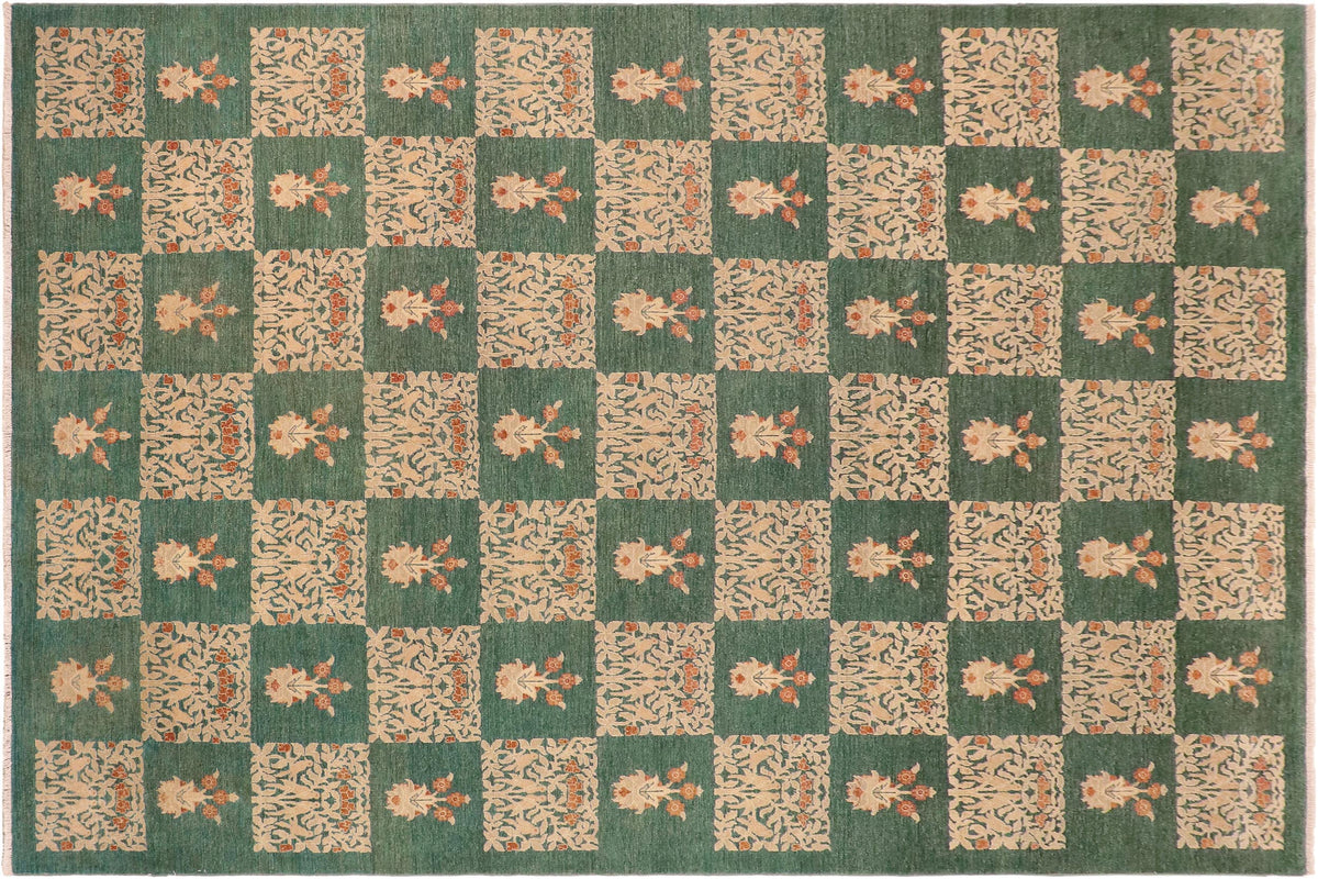 10x14 hand knotted modern wool rug in green and tan - Chic Drake