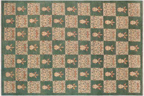 handmade Modern Kafkaz Green Tan Hand Knotted RECTANGLE 100% WOOL area rug 10' x 14'