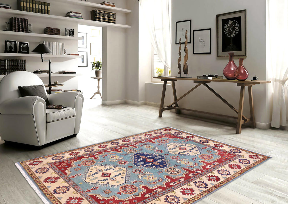handmade Geometric Kazak Blue Beige Hand Knotted RECTANGLE 100% WOOL area rug 6'X8'