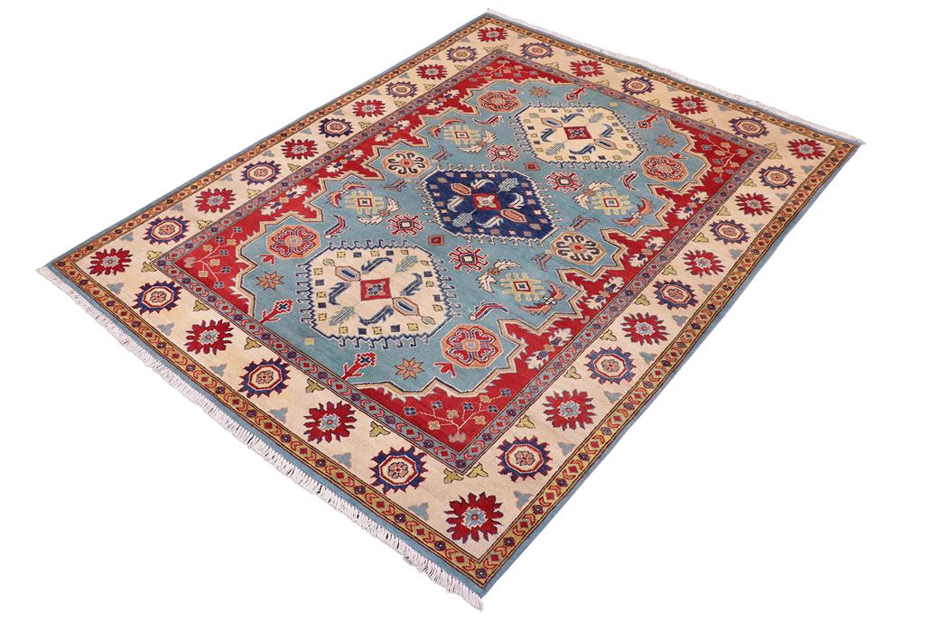 handmade Geometric Kazak Blue Beige Hand Knotted RECTANGLE 100% WOOL area rug 6' x 8'
