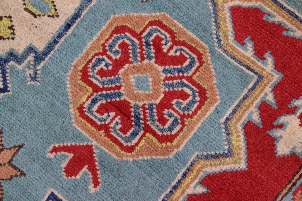 handmade Geometric Kazak Blue Beige Hand Knotted RECTANGLE 100% WOOL area rug 6' x 8'