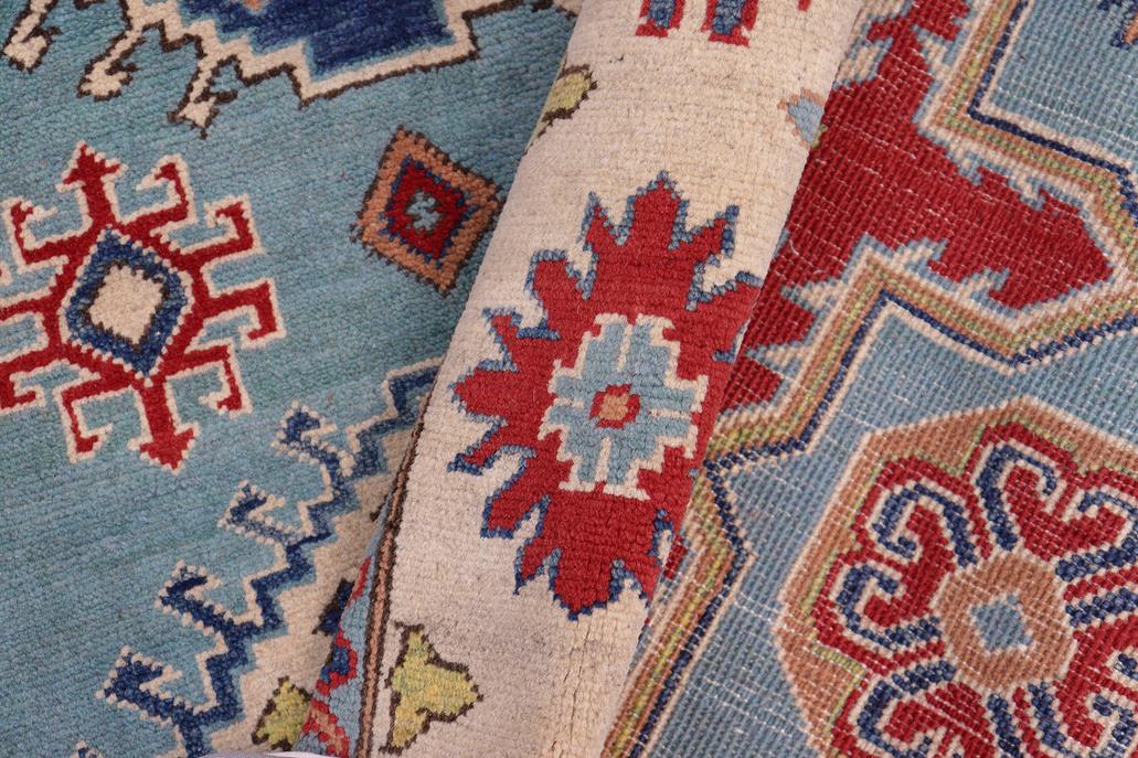 handmade Geometric Kazak Blue Beige Hand Knotted RECTANGLE 100% WOOL area rug 6' x 8'