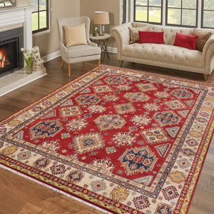handmade Geometric Kazak Red Beige Hand Knotted RECTANGLE 100% WOOL area rug 9'X12'