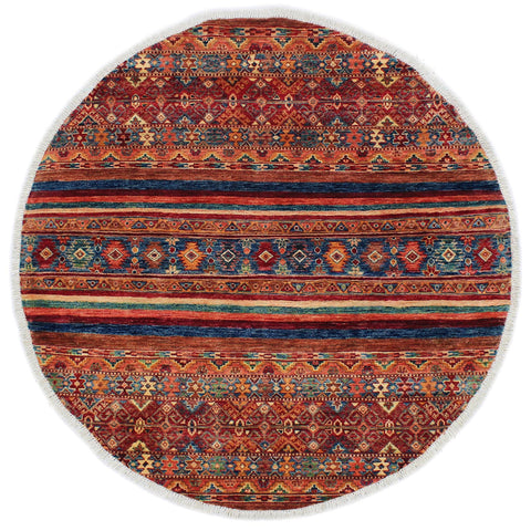 handmade Geometric Kurjean Blue Peach Hand Knotted ROUND 100% WOOL area rug 5x5
