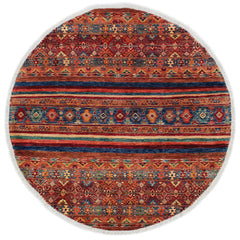handmade Geometric Kurjean Blue Peach Hand Knotted ROUND 100% WOOL area rug 5x5