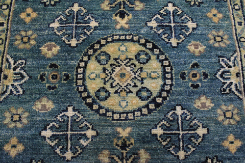 handmade Geometric Kafkaz Blue Ivory Hand Knotted RUNNER 100% WOOL area rug 3' x 9'