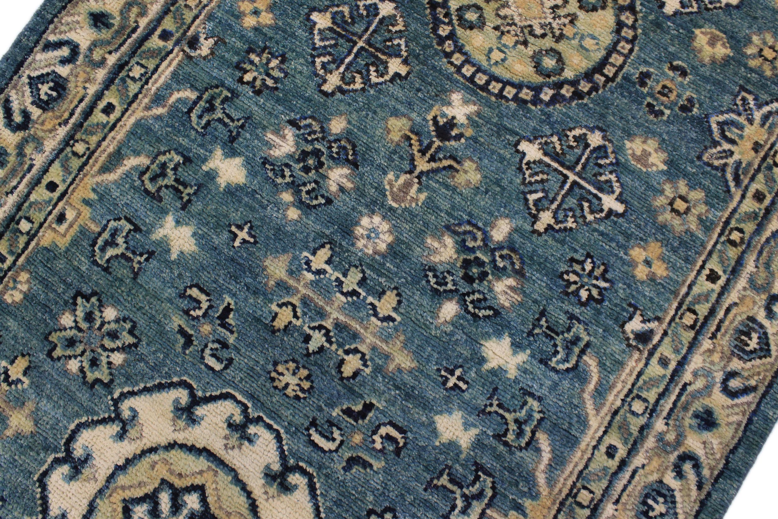 handmade Geometric Kafkaz Blue Ivory Hand Knotted RUNNER 100% WOOL area rug 3' x 9'