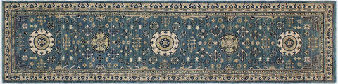 handmade Geometric Kafkaz Blue Ivory Hand Knotted RUNNER 100% WOOL area rug 3' x 9'
