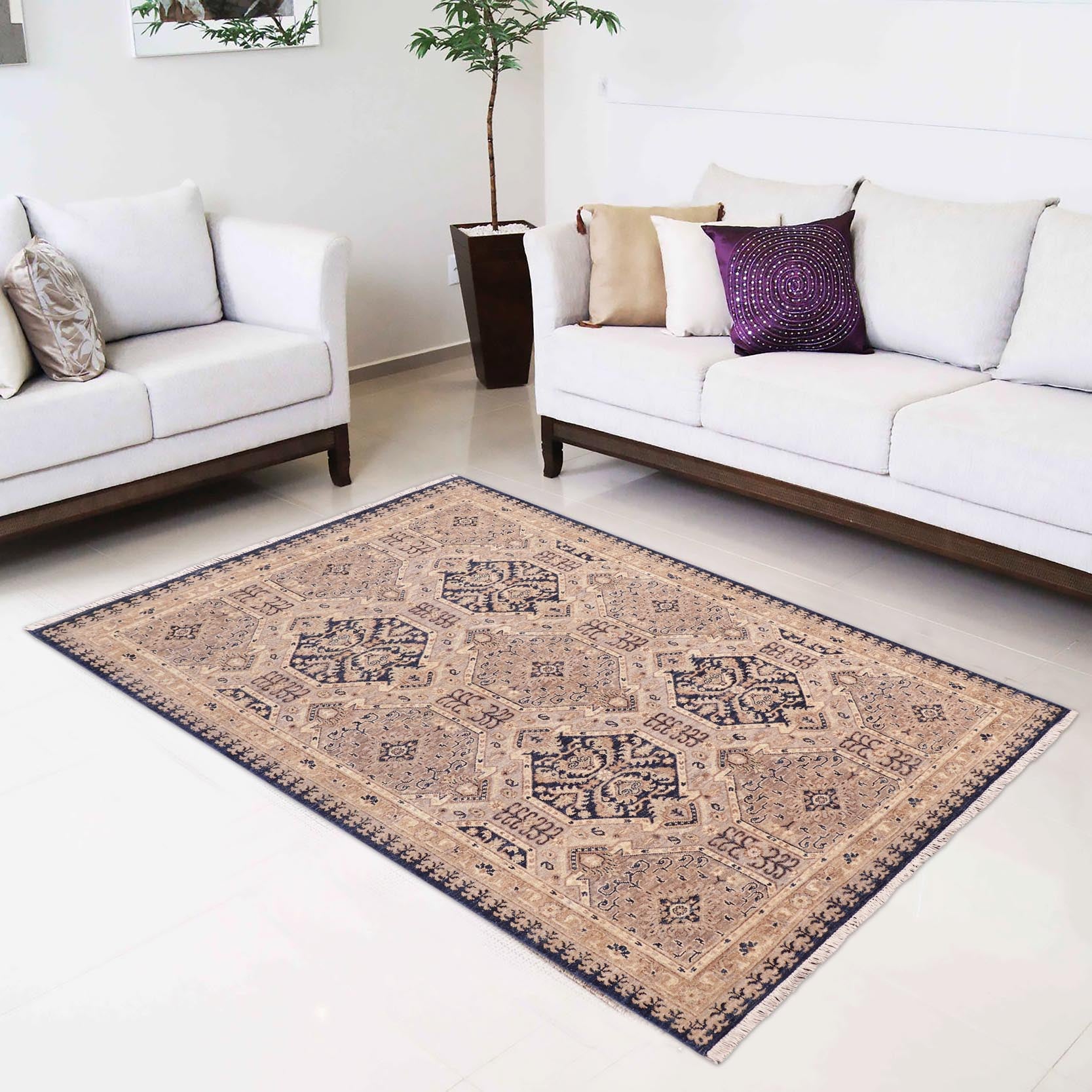 handmade Transitional Kafkaz Blue Beige Hand Knotted RECTANGLE 100% WOOL area rug 5' x 7'