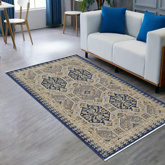 handmade Transitional Kafkaz Blue Beige Hand Knotted RECTANGLE 100% WOOL area rug 3' x 6'
