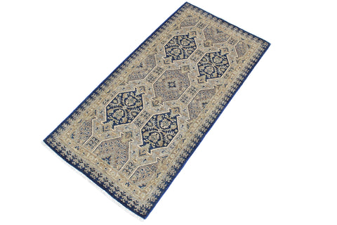 handmade Transitional Kafkaz Blue Beige Hand Knotted RECTANGLE 100% WOOL area rug 3' x 6'