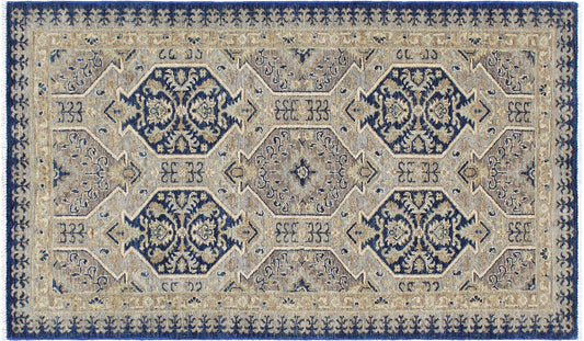 handmade Transitional Kafkaz Blue Beige Hand Knotted RECTANGLE 100% WOOL area rug 3' x 6'