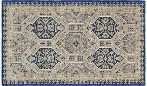 handmade Transitional Kafkaz Blue Beige Hand Knotted RECTANGLE 100% WOOL area rug 3' x 6'