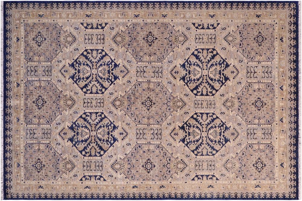 handmade Transitional Kafkaz Blue Beige Hand Knotted RECTANGLE 100% WOOL area rug 5' x 7'