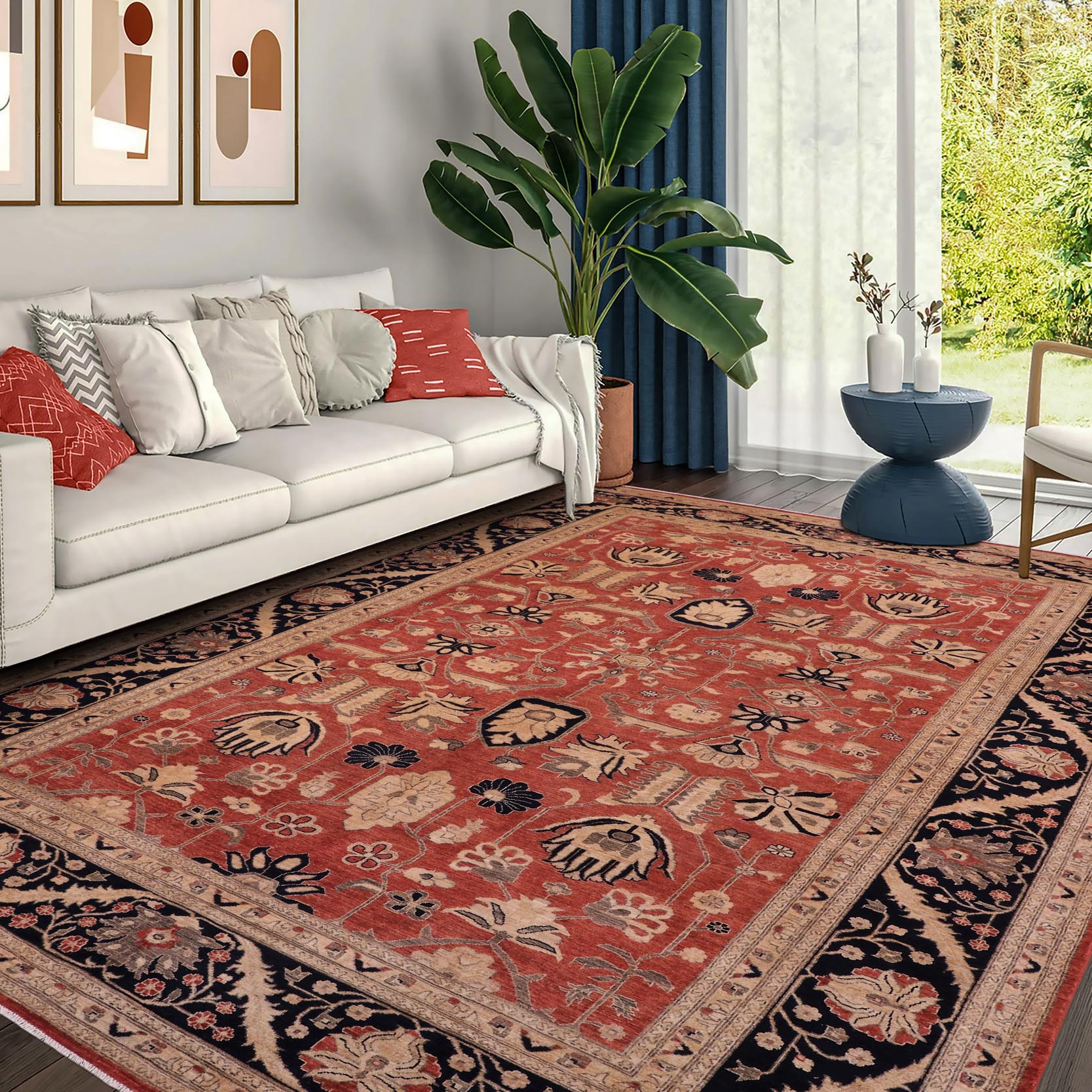 handmade Traditional Kafkaz Rust Drk. Blue Hand Knotted RECTANGLE 100% WOOL area rug 10x14