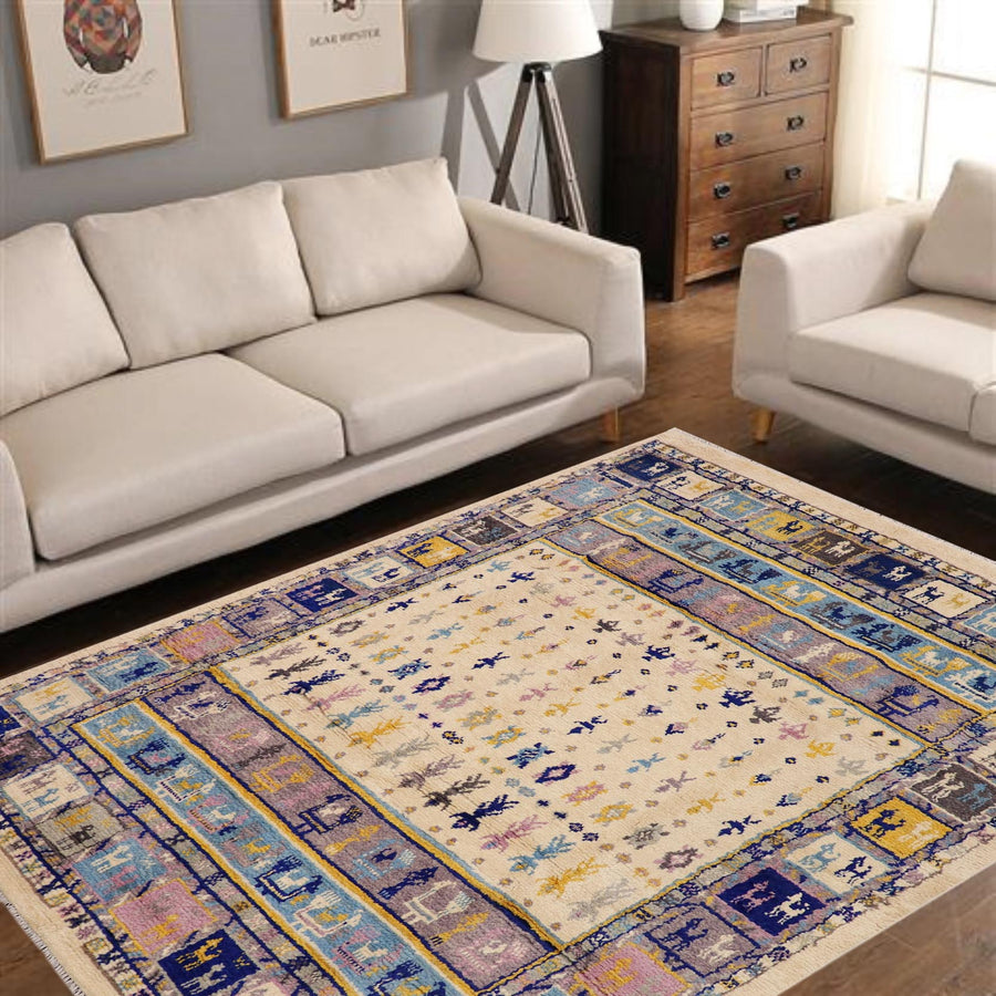 Moroccan-style hand-knotted area rug styled in a living room, 8x10