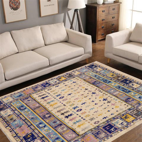 handmade Geometric Moroccan Beige Blue Hand Knotted RECTANGLE 100% WOOL area rug 8' x 10'