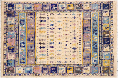 handmade Geometric Moroccan Beige Blue Hand Knotted RECTANGLE 100% WOOL area rug 8' x 10'
