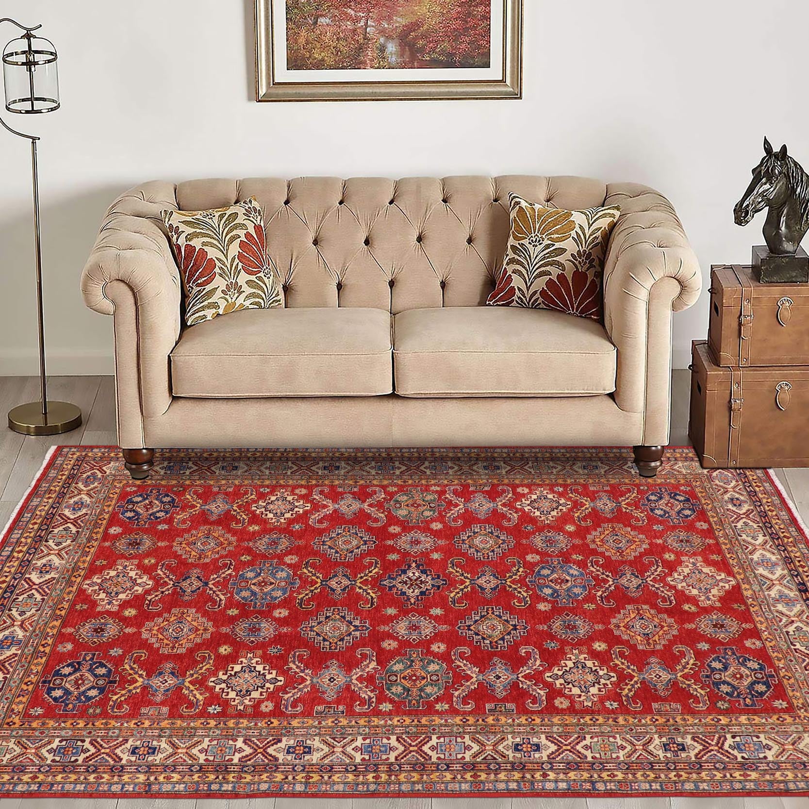 handmade Geometric Super Kazak Red Beige Hand Knotted RECTANGLE 100% WOOL area rug 8' x 10'