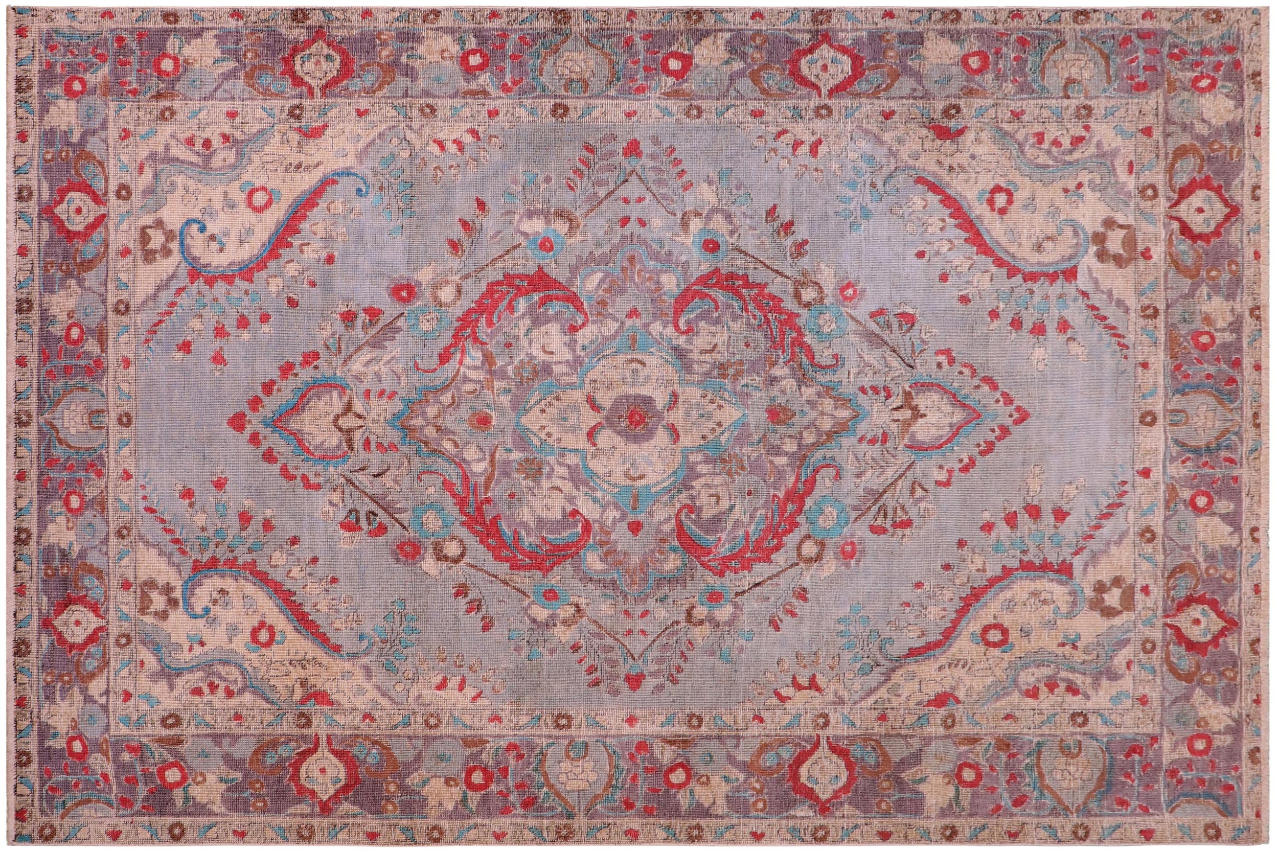 handmade Vintage Hand Painte Blue Purple Hand Knotted RECTANGLE 100% WOOL area rug 6' x 9'