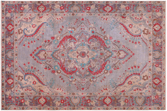 handmade Vintage Hand Painte Blue Purple Hand Knotted RECTANGLE 100% WOOL area rug 6' x 9'