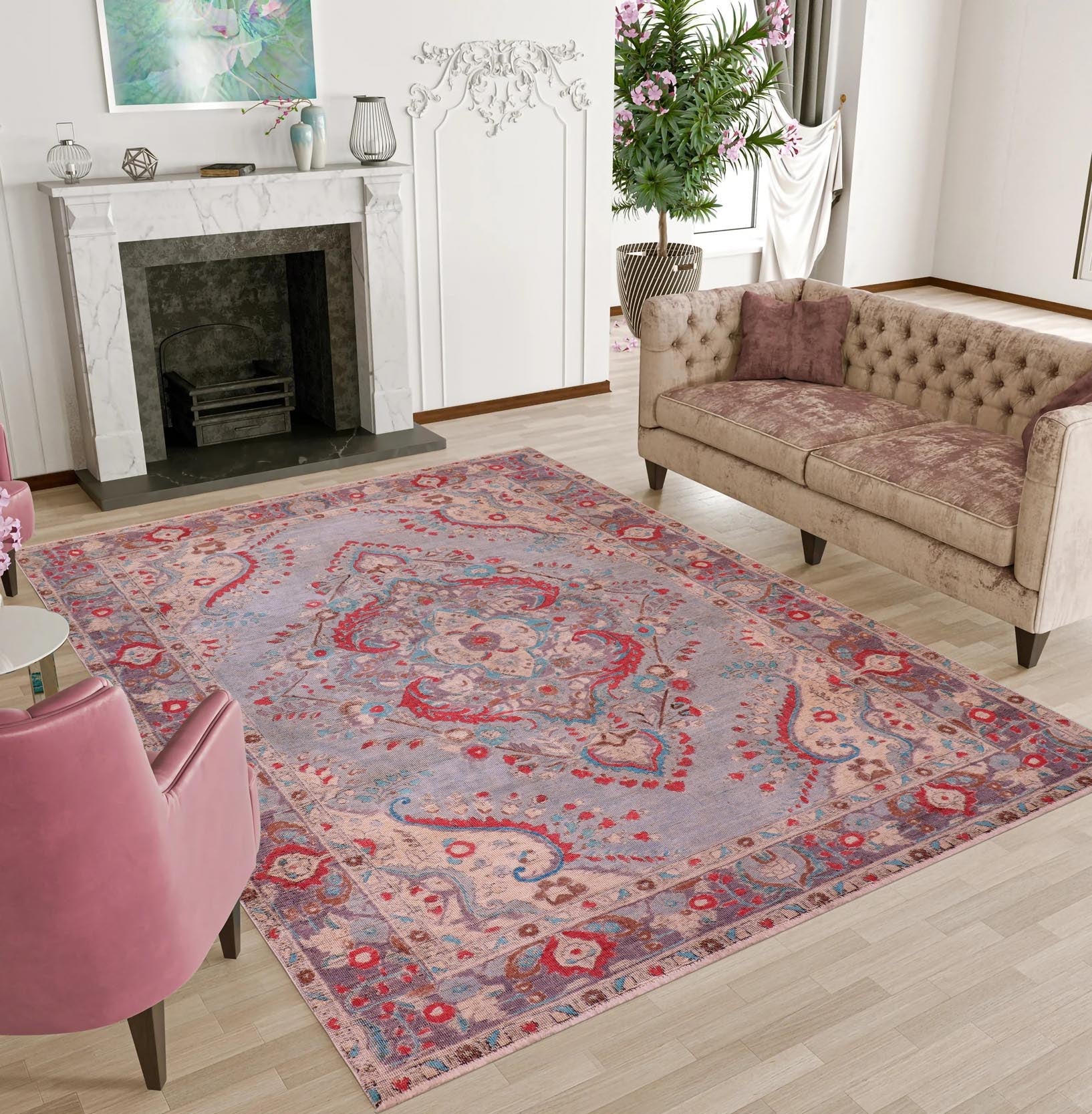 handmade Vintage Hand Painte Blue Purple Hand Knotted RECTANGLE 100% WOOL area rug 6' x 9'