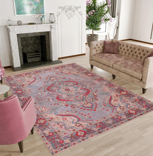 handmade Vintage Hand Painte Blue Purple Hand Knotted RECTANGLE 100% WOOL area rug 6' x 9'