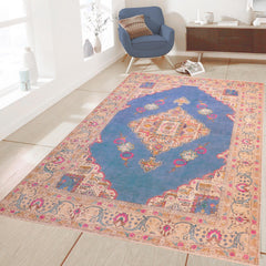 handmade Vintage Hand Painte Blue Beige Hand Knotted RECTANGLE 100% WOOL area rug 8' x 11'