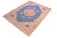 handmade Vintage Hand Painte Blue Beige Hand Knotted RECTANGLE 100% WOOL area rug 8' x 11'
