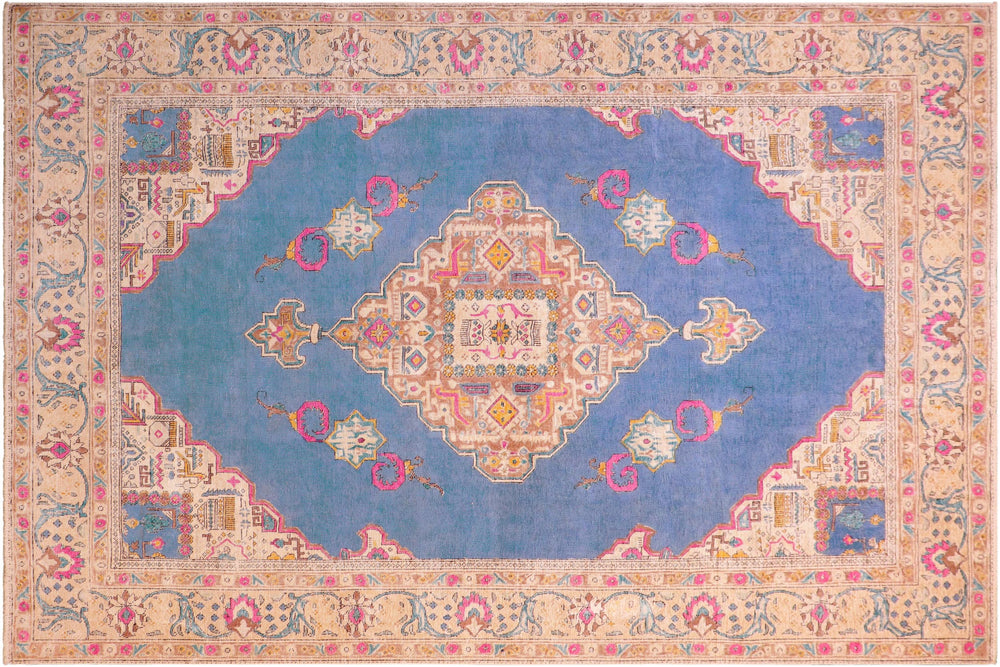 handmade Vintage Hand Painte Blue Beige Hand Knotted RECTANGLE 100% WOOL area rug 8' x 11'