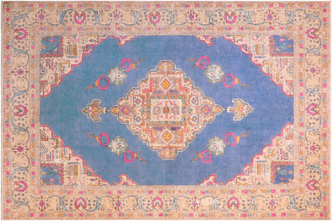 handmade Vintage Hand Painte Blue Beige Hand Knotted RECTANGLE 100% WOOL area rug 8' x 11'