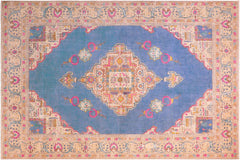 handmade Vintage Hand Painte Blue Beige Hand Knotted RECTANGLE 100% WOOL area rug 8' x 11'