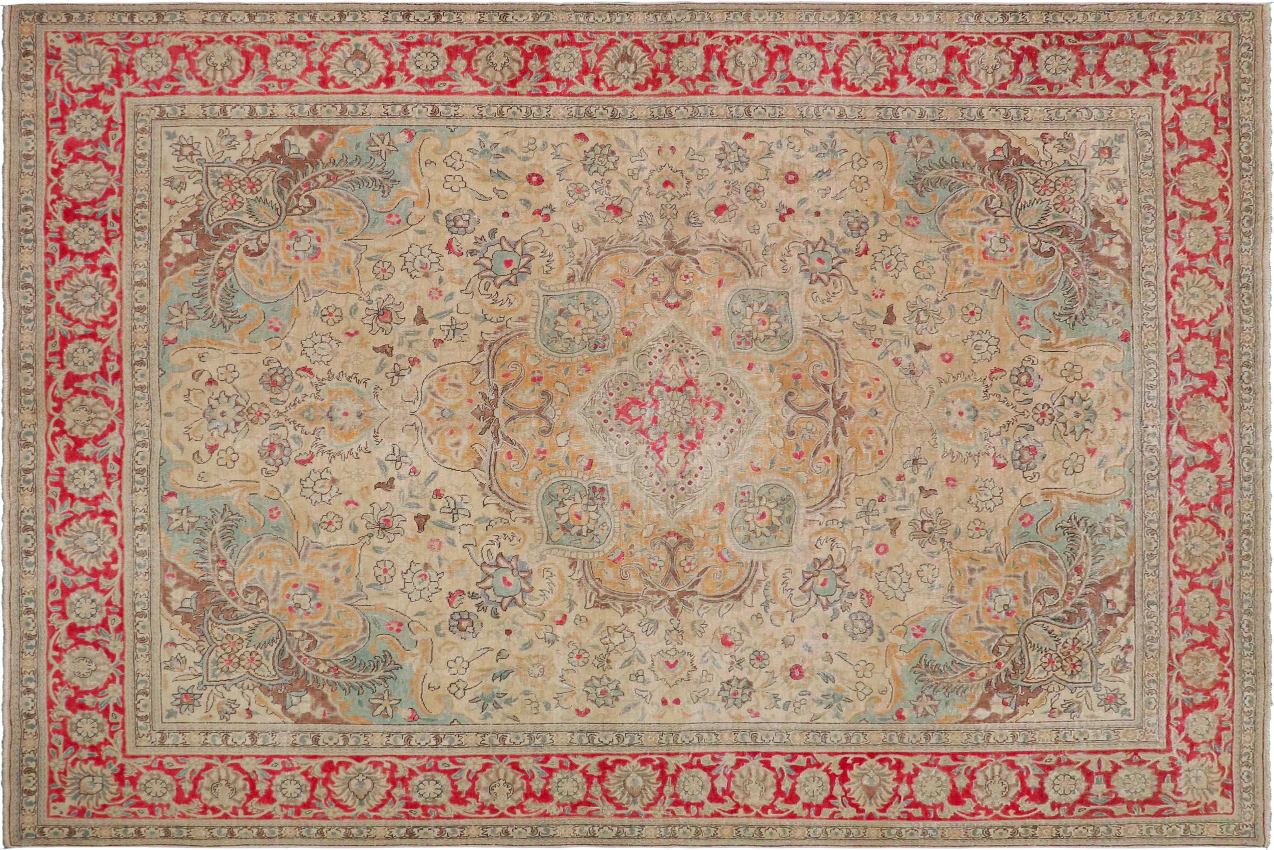 handmade Vintage Hand Painte Beige Red Hand Knotted RECTANGLE 100% WOOL area rug 9' x 11'