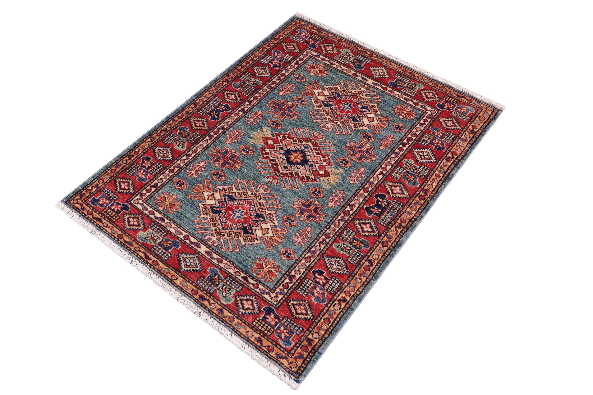 handmade Geometric Super Kazak Green Red Hand Knotted RECTANGLE 100% WOOL area rug 3' x 4'