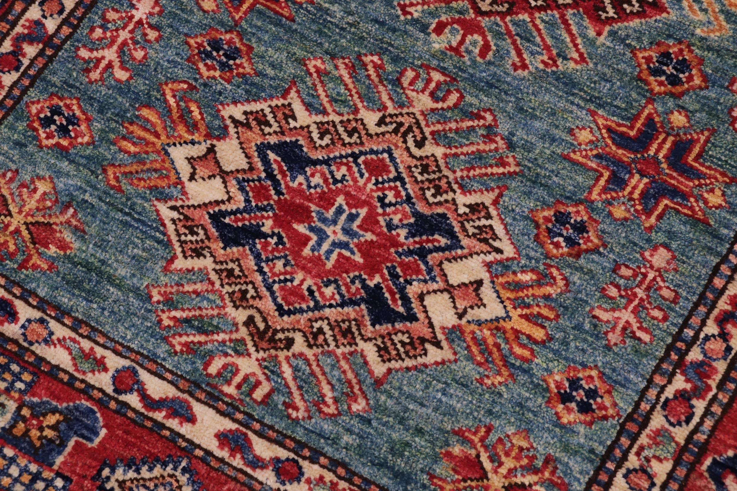 handmade Geometric Super Kazak Green Red Hand Knotted RECTANGLE 100% WOOL area rug 3' x 4'