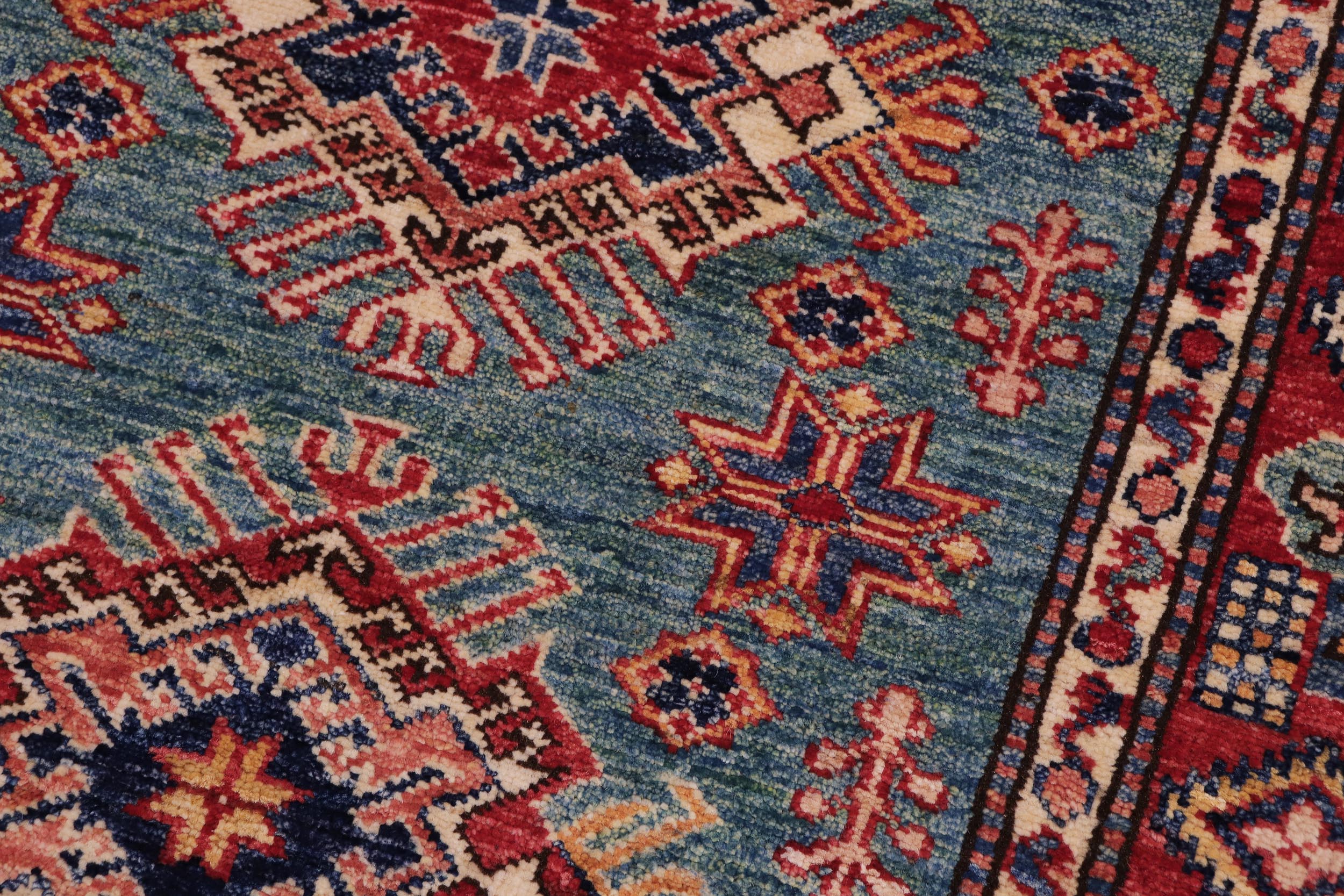 handmade Geometric Super Kazak Green Red Hand Knotted RECTANGLE 100% WOOL area rug 3' x 4'