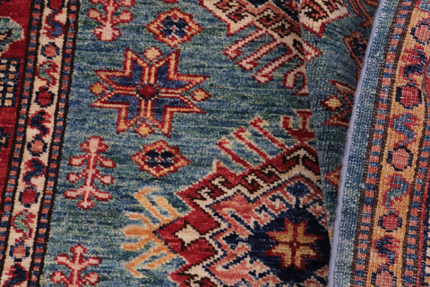 handmade Geometric Super Kazak Green Red Hand Knotted RECTANGLE 100% WOOL area rug 3' x 4'